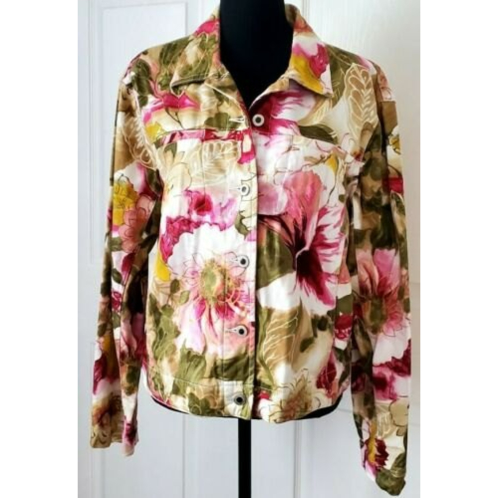 Caribbean Joe Womans Sz L Floral Jean Jacket Button up Adjustable Waist EUC